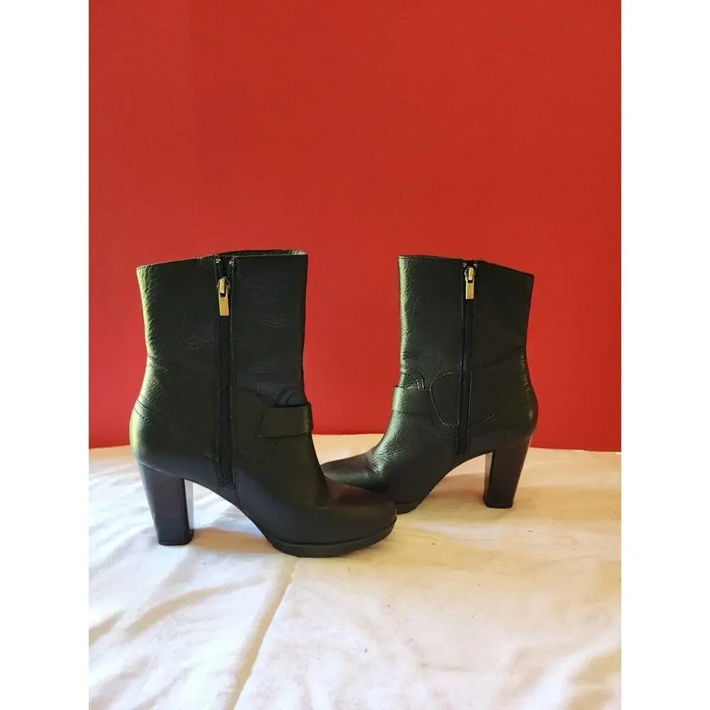 CLARKS Indigo Shoes Women's Size 8.5M Black Leather Boots Heels Booties #64503